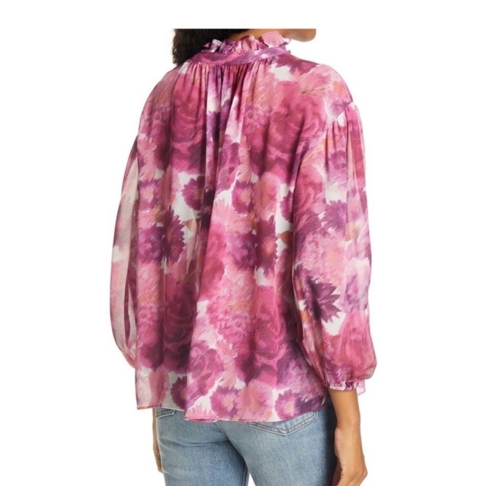LoveShackFancy Gamela Blouse Top Tie Neck Silk Pre-dawn Sky Pink Medium - Picture 3 of 8